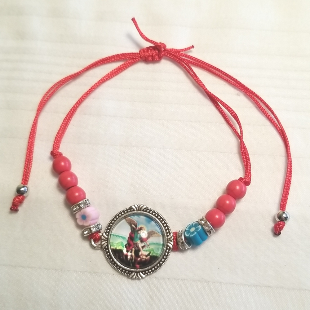 Silver Red Rhinestone Religious Angel Bracelet